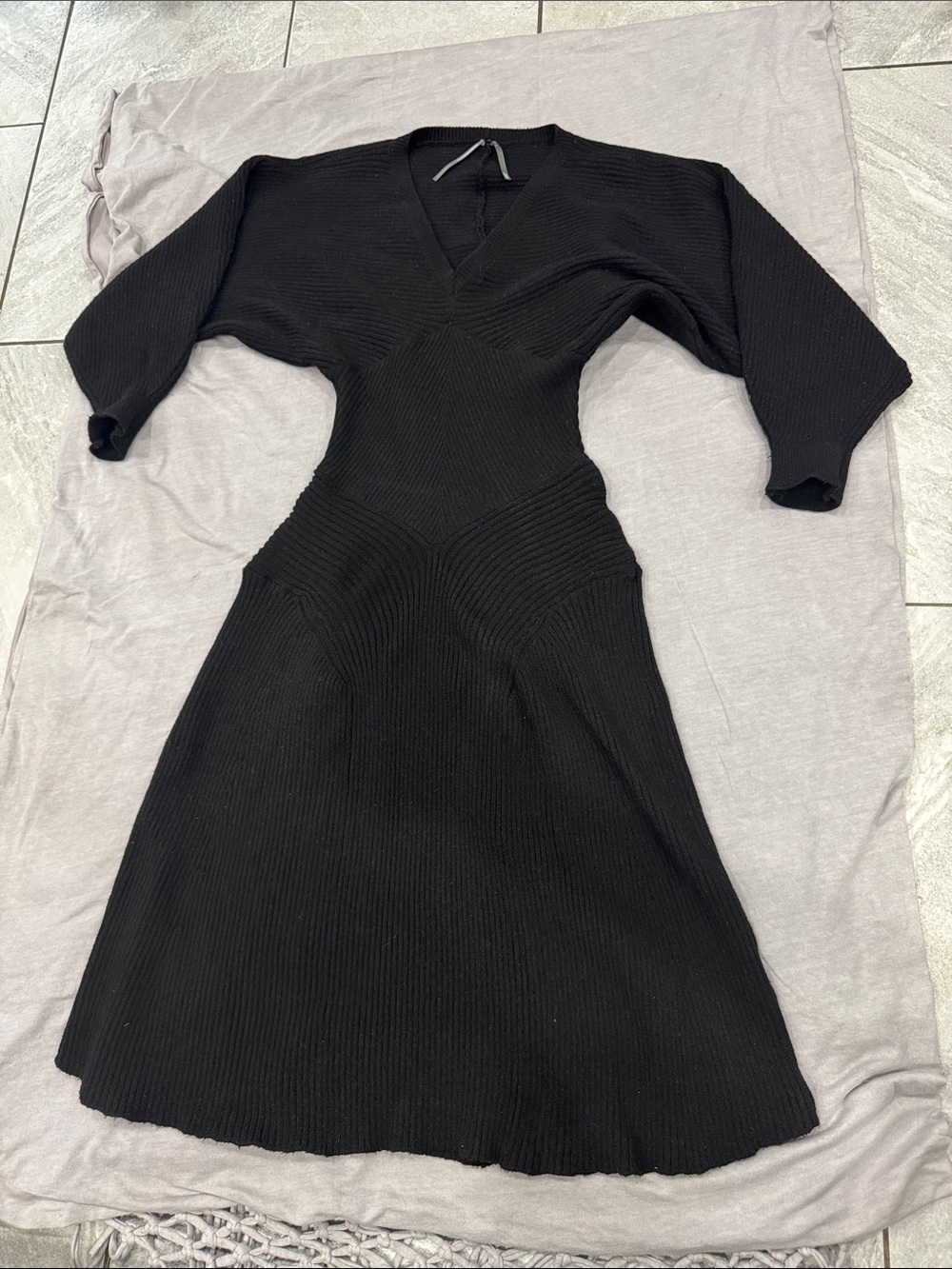 Anthropologie Black Ribbed V-Neck Long Sleeve Dress (lots of stretch)